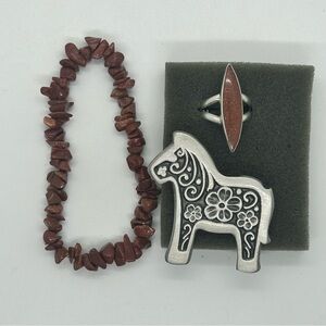 Silver Horse Brooch, Stone Bracelet and Ring Jewelry Set